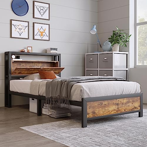 Rtopsu Metallbett Einzelbett 90x200 cm mit Stauraum Kopfteil, Stauraum unterm Bett, Bettgestell mit Metall Lattenrost, Stauraumbett, Jugendbett, Kinderbett, Metall, Schwarz, Ohne Matratze