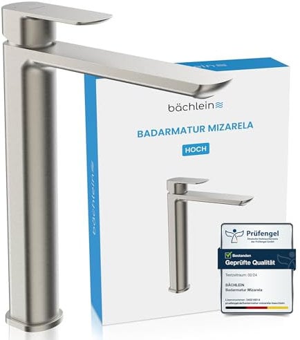 Bächlein Grifo de baño Mizarela alto en diseño clásico, monomando para lavabo con cartucho de cerámica duradero y kit de montaje, grifo de baño de acero inoxidable cepillado – caño plano