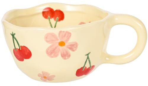 MAKCNMYM Ensemble de tasses à café vintage en céramique de 290 ml - Motif floral mignon - Pour latte - Tasse en porcelaine pour cappuccino, cacao - Passe au micro-ondes et au lave-vaisselle (cerise