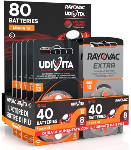 80 Hörgerätebatterien Größe 13 PR48 (Orange) Zink-Luft Hearing Evolution mit Sound Fusion Technologie – 80 Batterien: 40 Udivita + 40 Rayovac