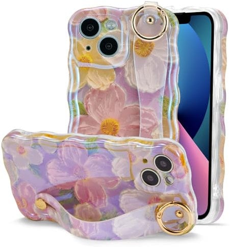 QLTYPRI for iPhone 15 Case with Strap, Laser Colorful Oil Painting Flower Pattern Cute Curly Wave Frame Exquisite Phone Case for Girls Women, Shockproof Protective Phone Cover- Pink
