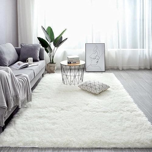 XUEDNGM Hochflor Teppich Wohnzimmer Shaggy Flauschig 110 x 500 cm Wohnteppich Schlafzimmer Dekoration Küchenteppich Shaggy Flauschiger Teppich, Extra Weich, Pflegeleicht Und Einfarbig, Weiß