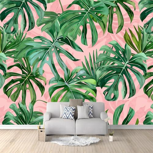 Papier Peint Panoramique Vert pastel Nontissés Murales, Aquarelle Feuilles de plantes tropicales Art Poster Geant Décoration Murale pour Salon Chambre Bureau 300 x 210 cm (L x H)