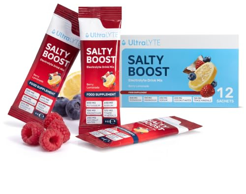 Ultra Lyte Electrolytes Drink Mix - Sugar-Free Salty Berry Lemonade Powder - 12 Sachets with High Sodium, Trace Minerals, and Coconut Water - Hydration for Workouts, Replenishment, and Wellness