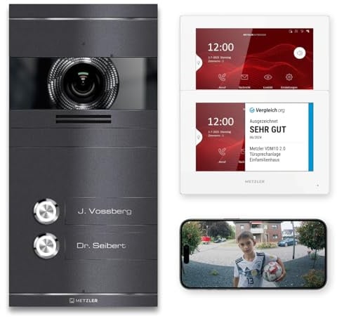 Metzler VDM10 2.0 Video Sprechanlage Komplett Set mit Laser Gravur Namensschild - Anschluss 2-Draht - Türsprechanlage mit HD-Kamera & Bildschirm für 2 Familienhaus, in Eisenglimmer aus V2A Edelstahl