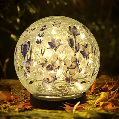Solar Globe Lights Outdoor Waterproof, Cracked Glass Ball Orb Lights, Waterproof Globes for Garden Pathways, Patio Decor & Backyard Landscaping, Round Ornaments Orbs (Blue Flower)