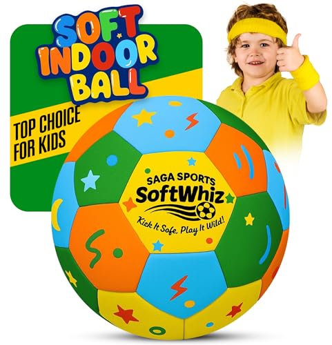 SAGA SPORTS SoftWhiz Colorful Safe Indoor Football Size 4 for kids | Felt-Cover Soft Football for Inside Your Home and Yard – Fun Gift with needle & Mesh Bag