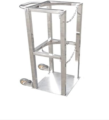 Generico Supporto per bombole di Ossigeno in Acciaio Inox - Carrello Porta bombole di Gas Alto 100 cm con Doppia Catena di Sicurezza, ripiano Mobile per officine, ospedali, Laboratori (Ruote da 35x30