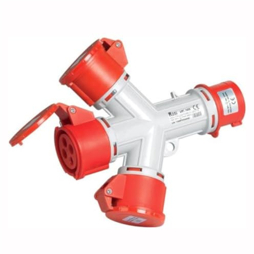Multiplicateur adaptateur triphasé CEE 380 V 400 V 4 broches 3P+T vers 3 prises industrielles 380 Vac 4 pôles 3P+T 16 A IP54 Rouge