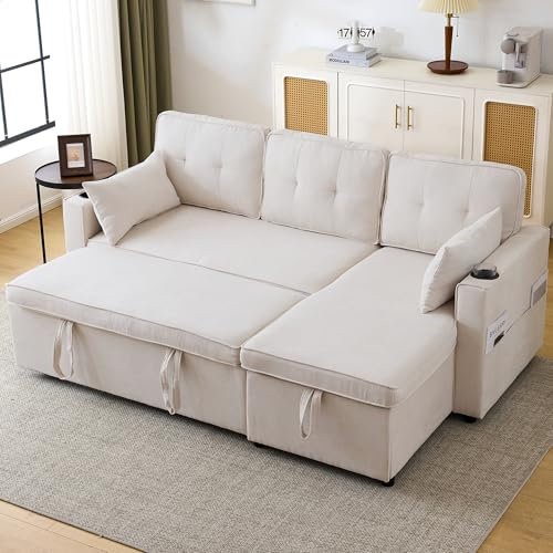 Miyemo 3-in-1 Convertible Corner Sofa Bed with Storage, L Shape Sofa Bed with Internal Storage Chaise, Pull Out Daybed with Cup Holders, Pillows and Pocket for Living Room & Office, (Beige)