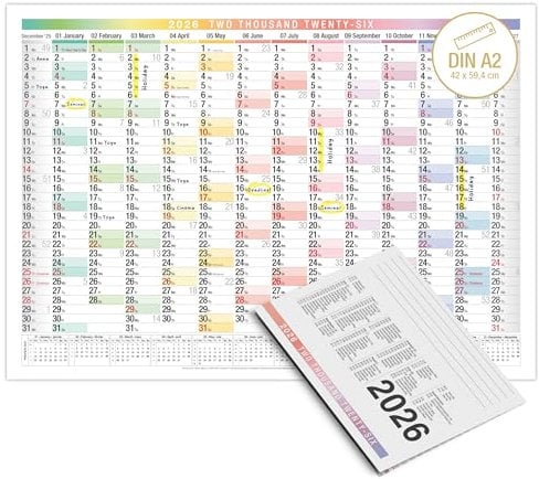 A2 Wandkalender 2026 EU-Version – 14 Monate Übersicht | Bunter Jahreskalender Wand A2 mit großen Feldern | Kalender 2026 Wandkalender für Büro & Homeoffice