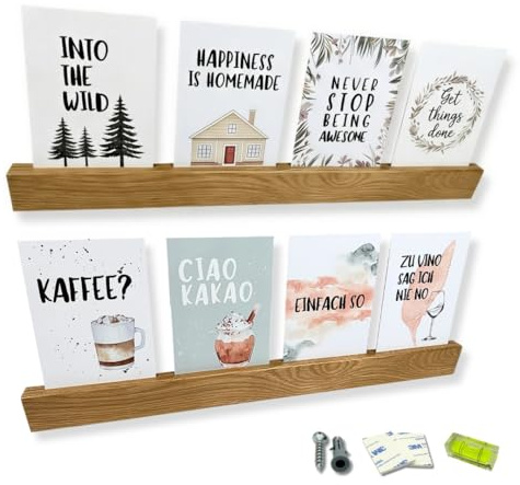 BIRANDI Fotoleiste aus massiver Eiche 50cm (2er-Set) – Bilderleiste/Wandboard für Fotos & Postkarten – schmal & modern – inkl. Schrauben, Dübel, Klebestreifen & Mini-Wasserwaage