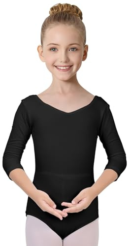 ANTLOOWW Body da Balletto per Bambine con Maniche A 3/4 Body da Balletto in Cotone con Scollo A V Body da Ginnastica per Bambine E Donne Taglia 110-170 (Nero, 130)