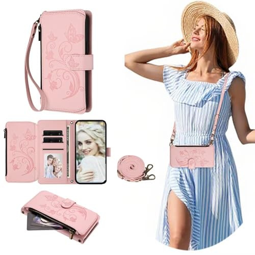 SEHEYA Hülle für Samsung Galaxy S10 Lite / A91 Handyhülle Geprägter mit Handytasche zum Umhängen PU Leder Klapphülle Reißverschluss Klappbar Geldbörse Schutzhülle, Rosa