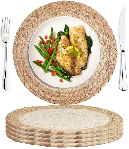 Hojalis Round Woven Placemats Set of 4, 30cm Natural Braided Table Mats for Dining, Kitchen Decor, Handmade Burdock Grass & Corn Husk Place Mats, Boho Table Mats for Family Dinners, Party, Wedding