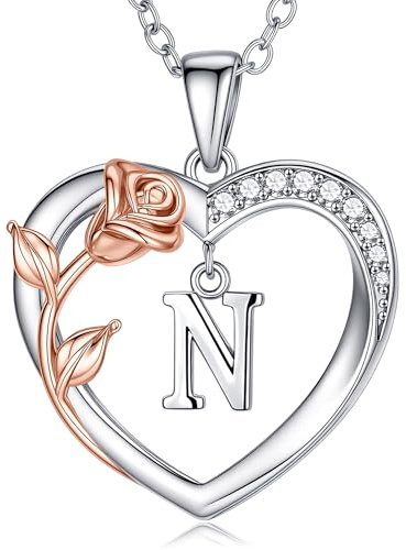 M MOOHAM Rose Heart Initial Necklace for Women, 14K White Gold Plated Heart Initial A-Z Pendant Necklaces Anniversary Birthday Gift for Women Wife Girlfriend Teens Girls Gifts Jewellery