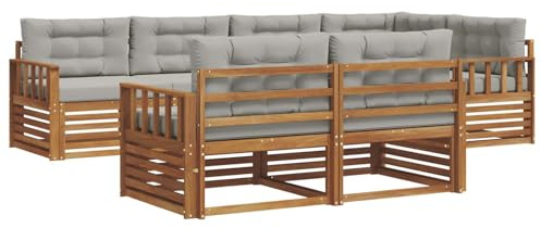 vidaXL Outdoor-Sofagarnitur mit Kissen 7 pcs Natürlich und Hellgrau, Balkonsofa, modernes Eckmöbel, robuster Lounge, Terrassen-Sitzgruppe, bequemer Gartenstuhl