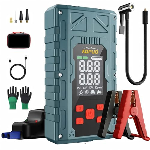 5000A Starthilfe Powerbank mit Kompressor für 8L Benzin&6.5L Diesel (Grün) | 150PSI Starthilfe für Auto,Rasenmäher,Wohnmobil&Motorrad, Starter Powerbank mit Komplettes Zubehörset, 3 USB-Ladeanschluss