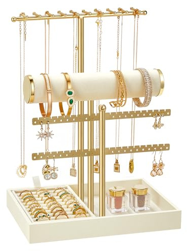 SONGMICS Schmuckhalter Schmuckständer 2 Armbandhalter Ohrringhalterung | Schmuck-Organizer mit Tablett aus Samt, abnehmbarer Ringhalter, warmweiß-gold JJS047W101