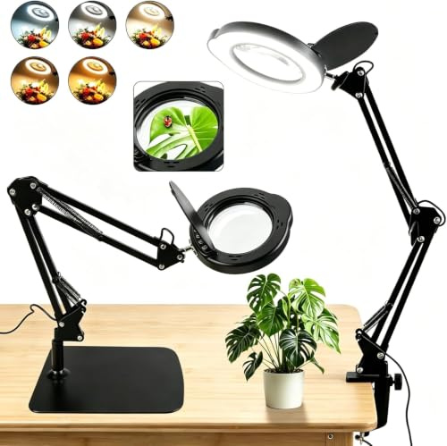 15X Magnifying Glass with Light and Stand, LED Desk Lamp with Base and Clamp, 5 Color Mode, 10 Dimmable Levels, Hands-Free Magnifying Glasses for Reading, Close Work, Crafts, Jewelry