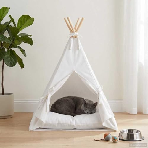 Runheo Haustier-Tipi mit Kissen Weiß 40 x 40 x 50 cm Polyester, Katzenbett Kuschelhöhle Schlafplatz Körbchen Indoor Weich rutschfest Flauschig Nest für Welpen Kätzchen