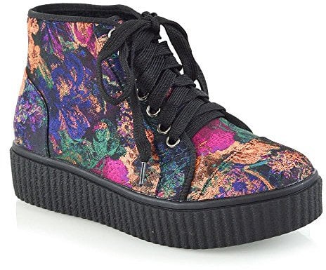ESSEX GLAM Damen Schnüren Stiefeletten Schwarz Blumen Plattform Keilabsatz Biker Schuhe EU 37