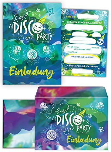 JuNa-Experten 12 Einladungskarten inc. 12 Umschläge zum Kindergeburtstag Mädchen Jungen Disco Party Einladungen zum Geburtstag