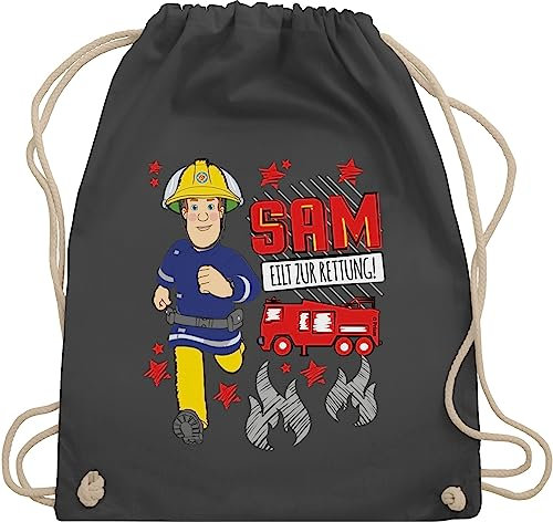 Turnbeutel Rucksack - Feuerwehrmann Tasche - Sam eilt zur Rettung - Unisize - Dunkelgrau - beutel kinder stoff kordel baumwolle turnen baumwoll uni turn feuerwehr mann gym bag der feuermann