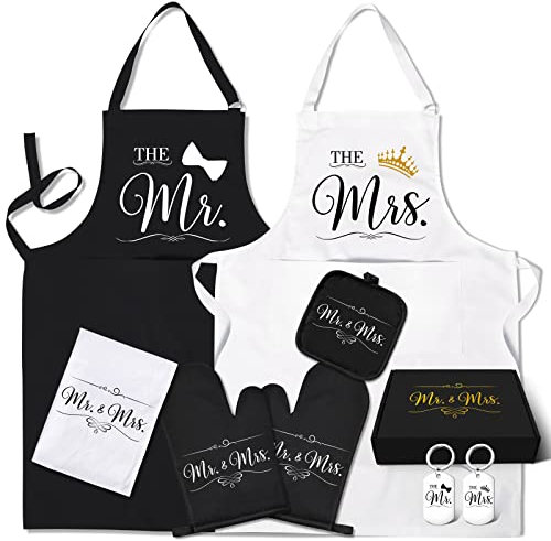 MASGALACC Mr and Mrs Schürzen, Weihnachtsgeschenke für Paare, Paar Küche Geschenke für Verlobung, Jahrestag, Brautdusche Geschenke mit Geschirrtuch, Ofenhandschuhe, Herr Frau, X-Large