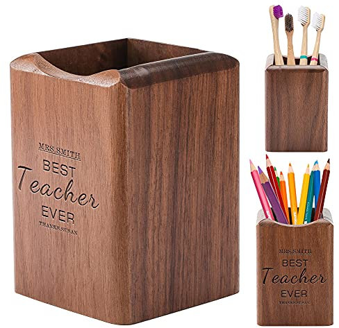 ANQIYI Pot à crayons personnalisé en bois de noyer pour enseignant, collègue, étudiant, papeterie personnalisée, cadeau pour bureau, école, salle de classe, nom gravé, date ou tout texte