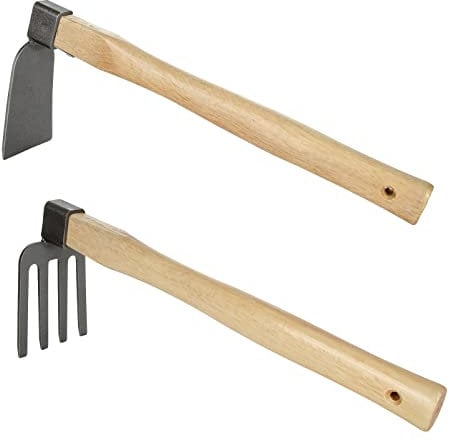 2 pezzi (zappa da giardino + rastrello per coltivatore da giardino), zappa da giardino con manico corto in legno, trapianto, coltivazione