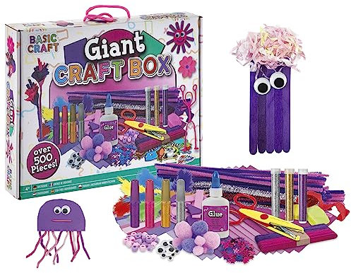 Grafix XL Lila Bastelset | Giant Craft Boxfür Kinder ab 4 Jahren | Über 500 DIY-Bastelmaterialien | Bastelkoffer für Mädchen | Pompons, Glitzerkleber, Glupschaugen | Kids Bastelbox