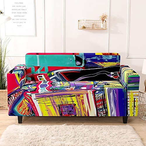 Highdi Stretch Sofabezug,3D Abstraktes Kunst Ölgemälde Sofaüberwurf Abdeckung Waschbar rutschfest Sofahusse Spandex Couchbezug für Wohnzimmer Möbelschutz (Hippie-Stil,2-Sitzer: 145-185 cm)