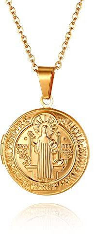 JewelryWe Medaillon Halskette für Herren Damen: Gold Edelstahl Vintage Heiliger St. Benedikt Kreuz Runde Foto Bilder Amulett zum Öffnen Anhänger Kette Religiöses Schmuck mit Gravur