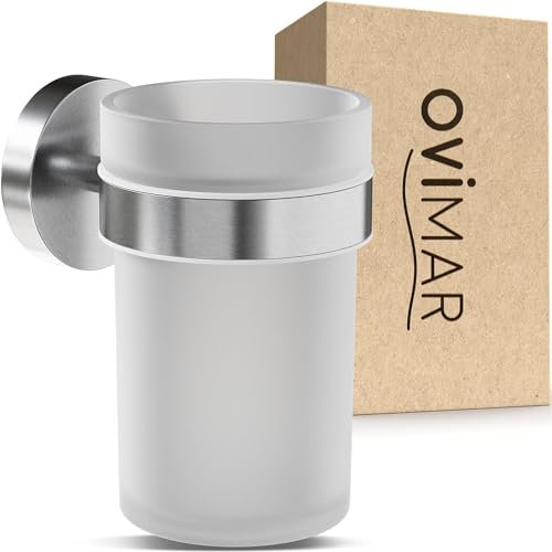 ovimar Zahnputzbecher Nordre | Silber | ohne Bohren | aus Glas und Edelstahl für das Bad | mit herausnehmbaren Becher und Zahnputzbecherhalter | zum Bohren an der Wand
