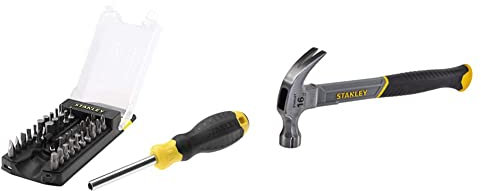 Stanley STHT070885 Multibit Screwdriver Set, 22.8X 7.6X 5cm (34 Pieces) & STHT0-51309 16oz Fiberglass Curved Claw Hammer, 450g