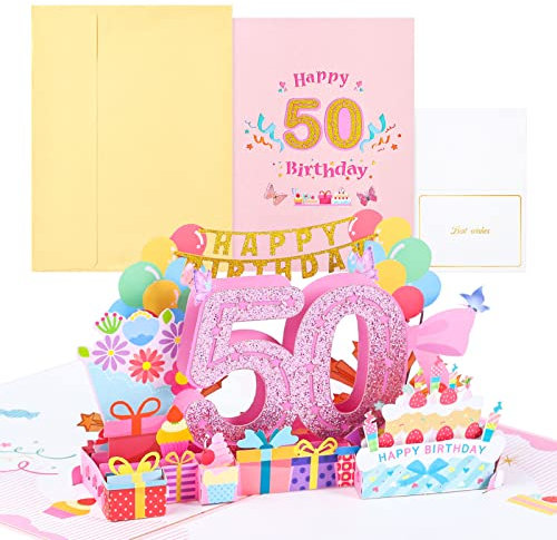 Joyoldelf 50. Geburtstagskarte, Pop Up Grußkarten, 3D Pop Up Karte Geburtstag Grußkarte, Geburtstagskarten mit Umschlag für Frauen Mütter Mädchen Männer Freunde Romantik Geschenk-Karte