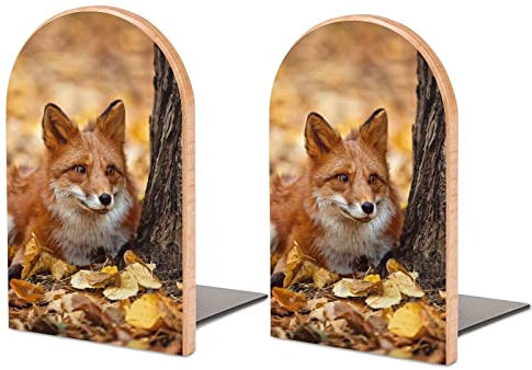 Rotfuchs auf Herbstlaub in der Nähe von Baum Dekorative Buchstützen aus Holz für Regale, Büro, Zuhause