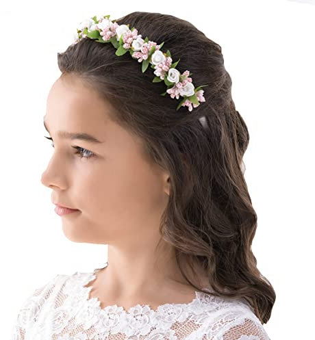 Haarreifen Kommunion Haarschmuck Blüten Perlen Röschen rosa grün