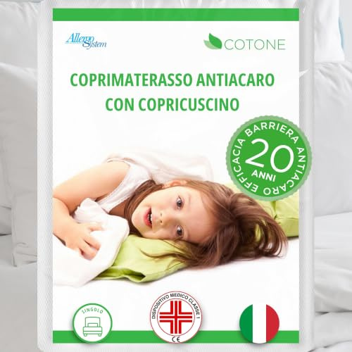 Allergosystem Set Coprimaterasso Antiacaro Singolo Cotone con Cerniera 80x190cm e Copriscuscino Letto 50x80cm - Dispositivo Medico Antiacaro e Anallergico MADE IN ITALY - Linea Cotone | Copriscuscino 50x80cm, Dispositivo Medico, Anallergico, Made in Italy, Copri Materasso con Cerniera