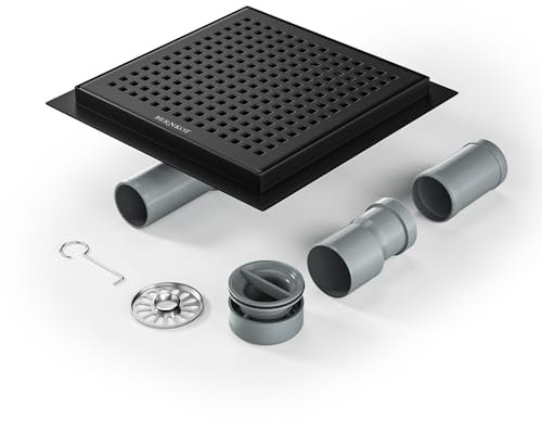 Bernkot Duschrinne Quadrat 20 * 20cm, 360° Siphon mit Geruchsstop und Haarsieb Edelstahl Ablaufrinne Bodenablauf Duschablauf sehr flach DN50 DN40,Schwarz