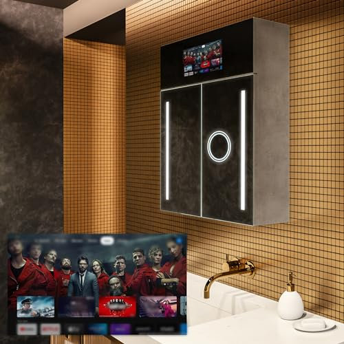 FORAM Spiegelschrank mit LED Beleuchtung, SmartScreen und Lautsprecher | 2-Türig anpassen (66,5 x 72 x 17 cm) | 17 Dekore | Badschrank | Beleuchtet Badezimmerschrank