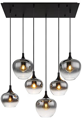 GLOBO Pendellampe Hängeleuchte Esszimmer Pendelleuchte Wohnzimmer Esstischleuchte rauch Glasschirm, Metall schwarz, Fassungen 6x E27, LxBxH 86x42x120 cm
