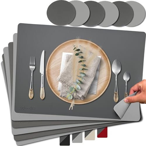 Mahewa® 6er Set Premium Tischset aus Kunstleder - Platzset abwaschbar und wasserdicht - Platzdeckchen Telleruntersetzer in Lederoptik (Dunkelgrau/Hellgrau, Eckig)
