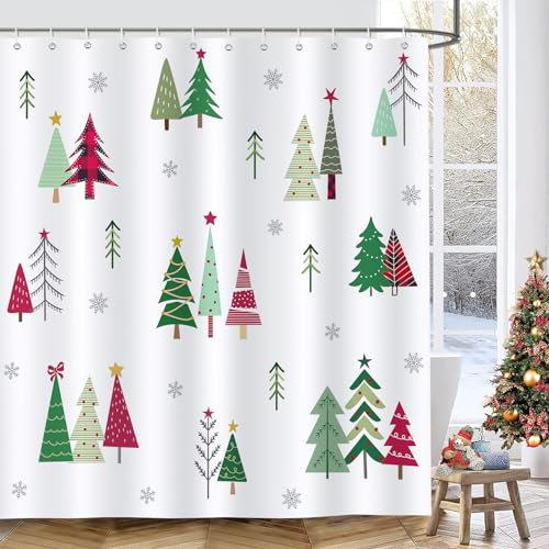 Bonhause Duschvorhang Weihnachtsbaum Xmas Kiefer Schneeflocke Winter Duschvorhänge 180 x 180 cm Anti-Schimmel Wasserdicht Polyester Stoff Waschbar Bad Vorhäng für Badzimmer mit 12 Haken