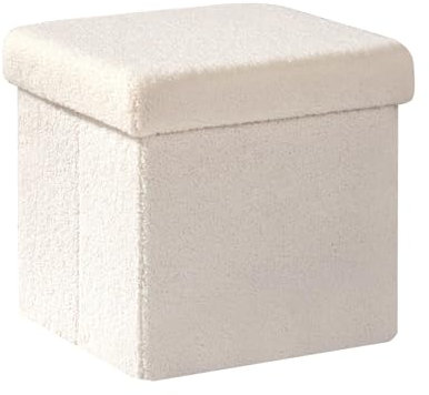 Bonlife Folding Storage Ottoman Cube, Foot Rest Stool Seat Sherpa Ottoman with Storage for Bedroom,Living Room,White,32X32X32cm
