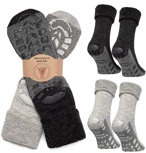 MOUNTREX Stoppersocken Wintersocken, Anti Rutsch Alpaka Socken, Wollsocken Damen Herren - Warme ABS Haussocken, Dicke Antirutschsocken - 2 Paar (Grau/Anthrazit - mit ABS, 39-42)