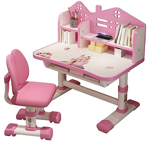 Calager Set di Scrivania e Sedia per Bambini, Regolabile in Altezza, per Studenti Scolastici, Con Cassetto e Leggio, Ergonomica per Studenti e Ragazze, Rosa