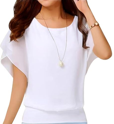 Neineiwu Oberteil Damen Elegant Batwing Bluse Shirts,Weiß,L