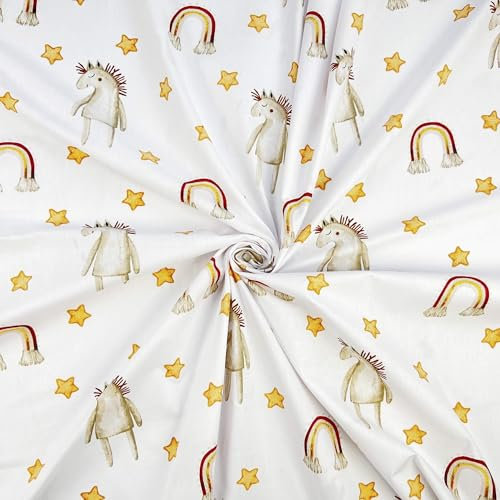 Textrend Baumwollstoff Meterware - 100% Baumwolle - Basteln - Nähmaterial - Trendige Designs - Textilien 1x1,6m (Braune Pferde mit Regenbögen auf weißem Hintergrund)
